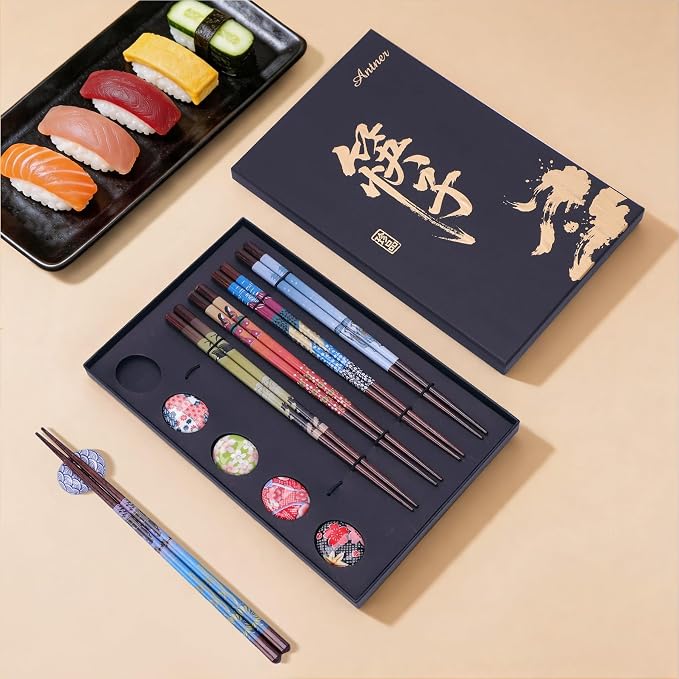 Antner 5 Pairs Reusable Wooden Chopsticks & Ceramic Rests Set, 8.8 Inch/22.5cm Classic Japanese Style Chop Sticks with Chopstick Holders for Ramen Sushi Asian Cuisine Lovers, Black Gift Box