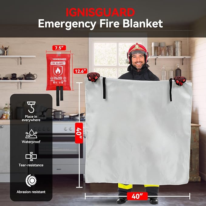 Emergency Fire Blankets for Home and Kitchen, 2-Pack 40"x40" Fiberglass Fire Suppression Blanket for Grease Fires, BBQ Grill, Camping, RV, Fireplace & Survival Safety