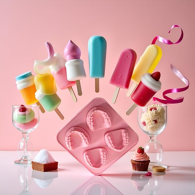 Pink 4 Hole Denture Teeth Shaped Ice Cube Mold Silicone Ice Tray DIY Ice Cream Funny Gag Gift For Dentist Seniors Ice Tray Molds, Ice Cube Molds and Trays
