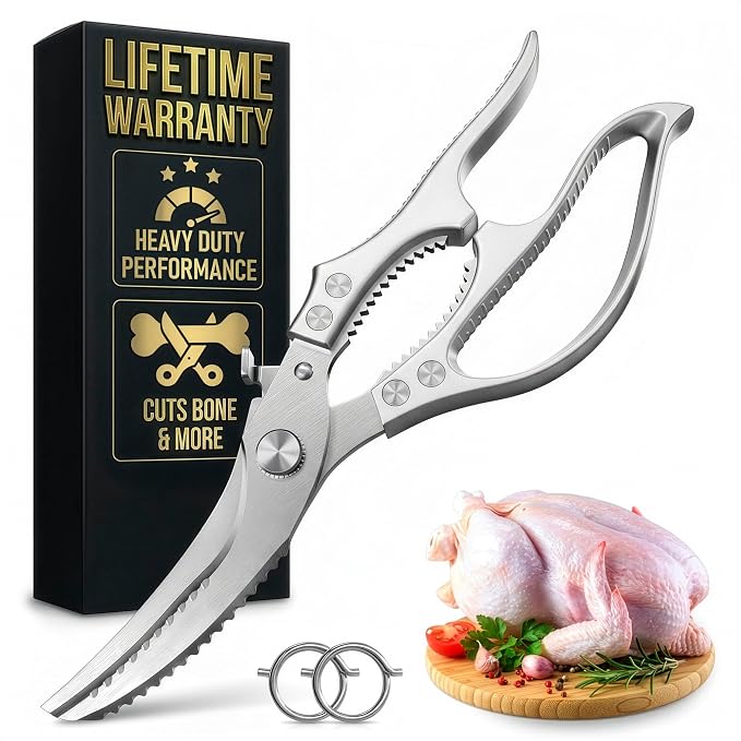 Stainless Steel Poultry Shears, Hardened Blades, Safety Lock | Heavy Duty Kitchen Shears for Food with Nutcracker and Fish Descaler; Spring-Loaded to Cut Chicken, Turkey, Meat and Bone
