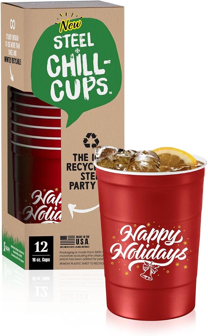 Steel Chill Cups 16 oz. Reusable Party Cups, Happy Holidays, 12 Count | Made in USA from Steel these durable cups chill fast & keep your drink cold for longer, 100% recyclable for sustainablity