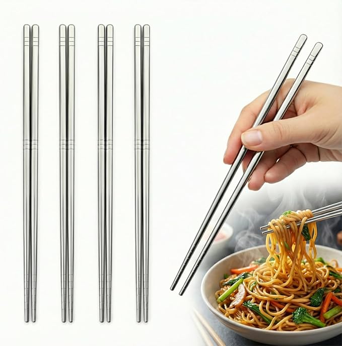 Stainless Steel Chopsticks 5 Pairs, 9 Inch Reusable Metal Chop Sticks, Lightweight Hollow Design, Square Anti-Roll & Non-Slip Tips, Dishwasher Safe Food Grade 18/8