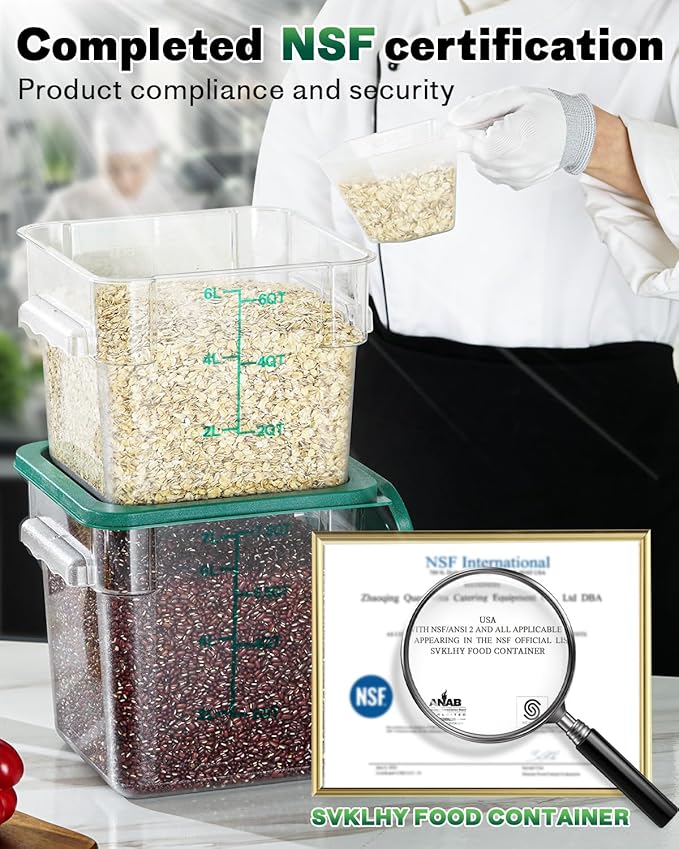 2QT NSF Food Storage Containers: 2 PCS [Food Grade][Hot&Cold Resistant] Commercial Clear Square Food Storage Containers with Scales Handles for Home Restaurant Kitchen Proof Dough(BPA FREE-GREEN)