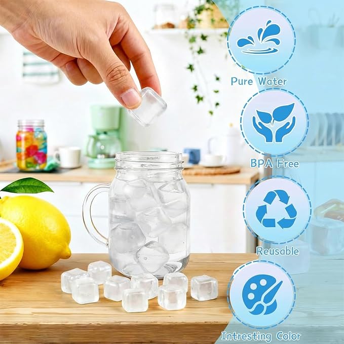 100 Pack Reusable Ice Cubes, Clear Plastic Ice Cubes, 1 Inch | Refreezable Square Cubes, Transparent Plastic Cubes without Diluting for Cocktails Coffee Wine Whiskey, Easy to Use