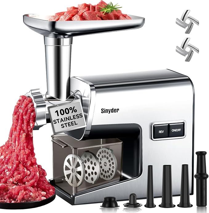 Sinyder 3000W Electric Meat Grinder 304 Stainless Steel Heavy Duty Mincer | Pure Copper Motor, Metal Gears, Dishwasher-Safe 304 Stainless Steel, 2 Blades & 3 Plates, Sausage Stuffer Tubes & Kubbe Kit