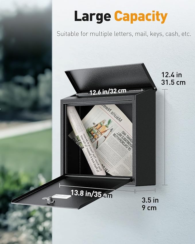 Uniclife Wall Mount Mailbox for Outside, Large Mailbox with Key Lock | Security Mail Box, Postbox for House, Safe Key Drop Case, Steel Cash Drop Case for Home Office School, Black