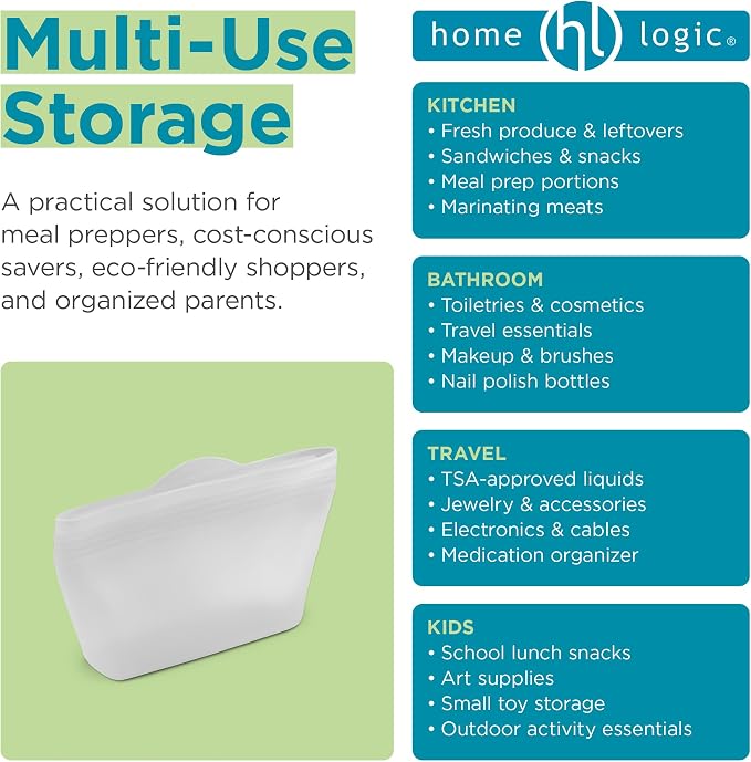 Home Logic Reusable Snack Bags - Set of 6 Clear Silicone Freezer Bags, Airtight Leak Resistant Reusable Zip Bags for Kitchen Home Food Prep, Microwave & Sous Vide Safe
