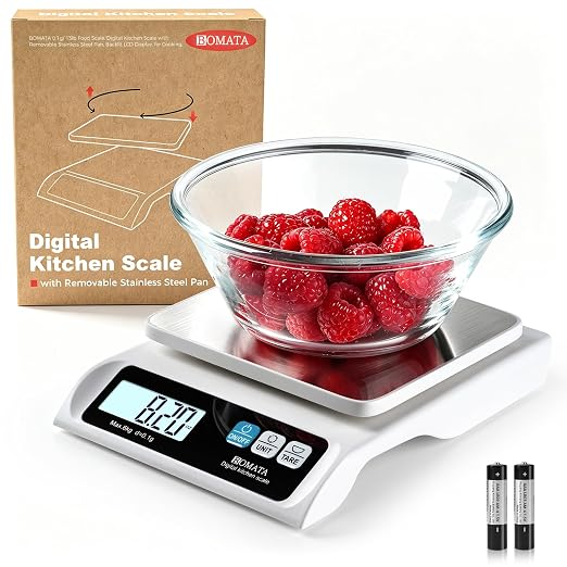 BOMATA 0.1g High Precision Food Scale, 13lb Digital Kitchen Scale with Removable Stainless Steel Pan, Backlit LCD Display, for Cooking, Baking B621 White