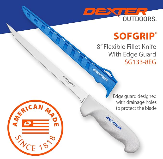 Dexter Outdoors SOFGRIP 8" Flexible Fillet Knife with Edge Guard | Corrosion-resistant high-carbon American stainless blade with soft non-slip grip. Edge guard included, made in USA.