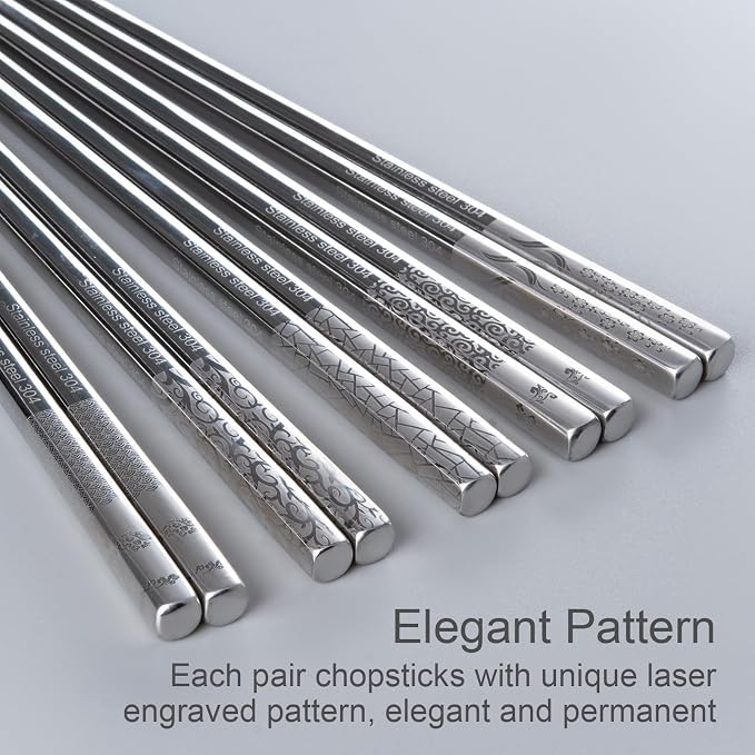 5 Pairs LeviLevo Metal Chopsticks Reusable, Chop Sticks for Sushi, Korean & Japanese Dining, Premium Dishwasher Safe Stainless Steel