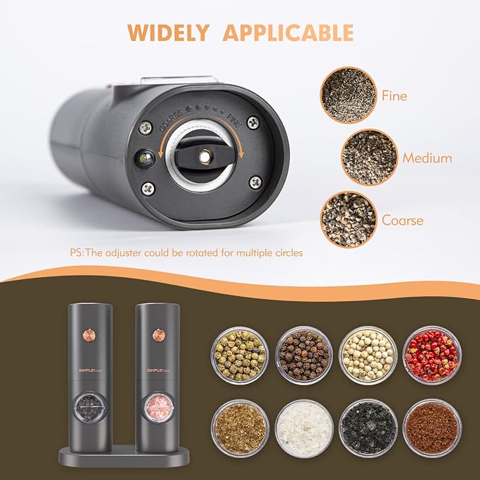 SIMPLETASTE Electric Salt and Pepper Grinder Set with LED Light, Automatic Pepper Mill Shakers with Adjustable Coarseness, One Hand Operation for Kitchen, Dining, Gifting, Space Gray, Battery Operated