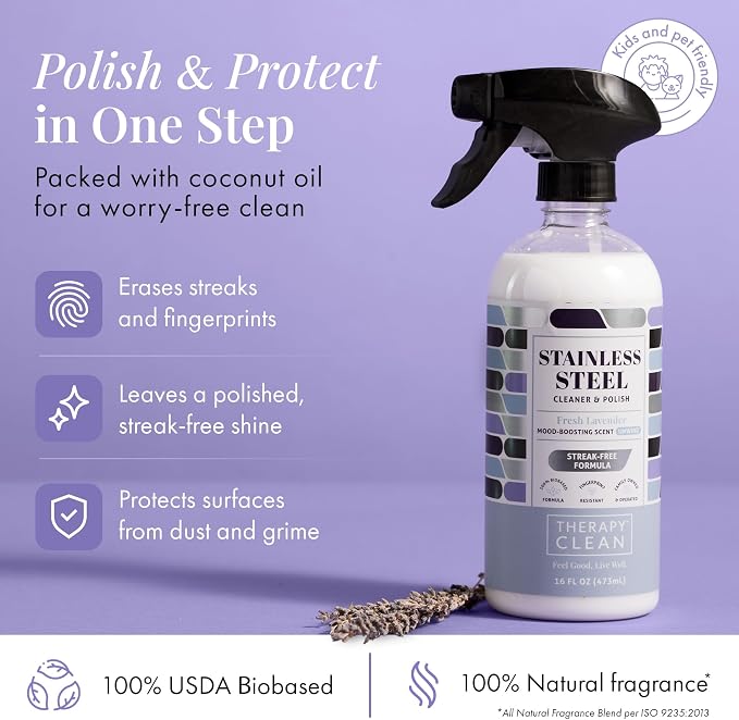 Therapy Stainless Steel Cleaner and Polish, Lavender Essential Oil Scent, Sink Cleaner, Fingerprint & Residue Remover