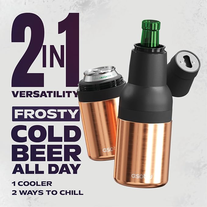 Asobu Frosty Beer Holder 2 Go Vacuum Insulated Double Walled Stainless Steel Beer Can and Bottle Cooler with Beer Opener, Bpa Free, Fits Standard 12oz Bottles & Cans, Gift for Beer Lovers