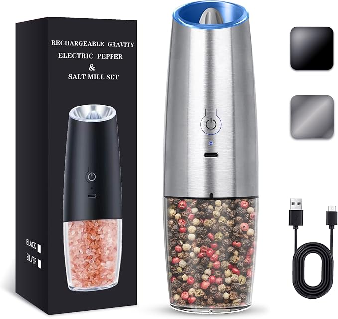 UNNEES Rechargeable Electric Salt and Pepper Grinder, gravity electric salt and pepper grinder, Adjustable Roughness, LED Light, 1 Pack, (Silver)