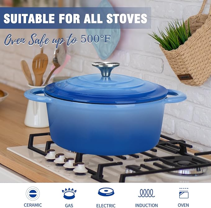 5 QT Enameled Cast Iron Dutch Oven with Self-Basting Lid, Heavy Duty Enamel Coated Soup Pot for Slow Cooking, Stews, Roasts & Bread Baking, Moisture Retention Cooking Pot, Oven Safe to 500°F