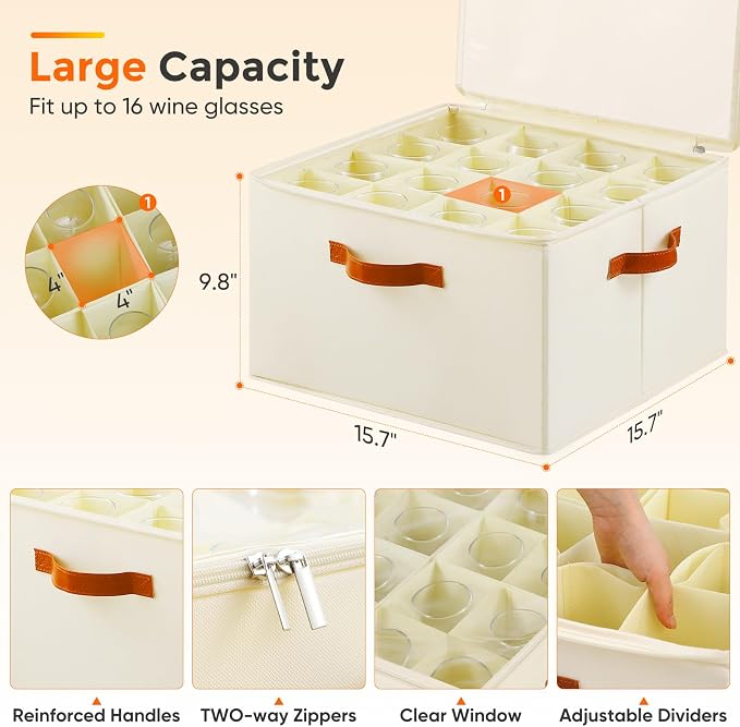 Foyego Wine Glass Storage Box, Beige | 16 Adjustable Dividers, Hard Shell, Stackable China Storage Containers Holds Stemware, Glassware, Crystal for Packing&Moving