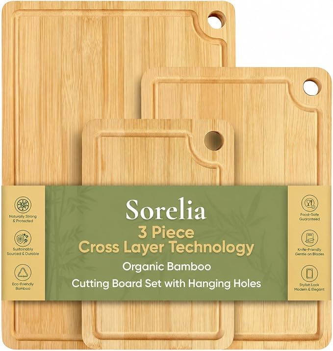 3-Piece Bamboo Cutting Boards - Groove, Handles, 15/12/9" - Natural | Bamboo boards with juice groove for prep, serving side for charcuterie