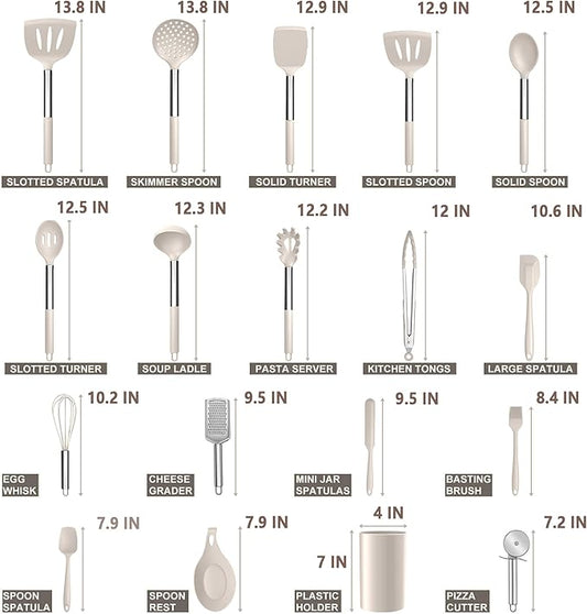 E-far Silicone Cooking Utensils Set, 30 Pcs Heat Resistant Kitchen Utensils with Stainless Steel Handle, Heat Resistant Kitchen Spatulas Turner Tong Spoon Whisk Ladle for Nonstick Cookware, Khaki