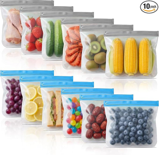 10 Pack Reusable Sandwich Bags Reusable Freezer Bags, Leakproof Silicone Food Storage Bag BPA Free Food Storage Contaizers, Gallon Freezer Snack Bag for Marinate Meat, Salad Fruit, Veggies, Lunch