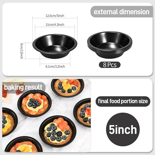 8 Pcs 4 Inch Mini Pie Pan Pie Tins Round Mini Tart Pans, Carbon Steel Mini Pizza Pan Nonstick Quiche Pans for Baking Small Bakeware Set for Oven & Dishwasher Safe