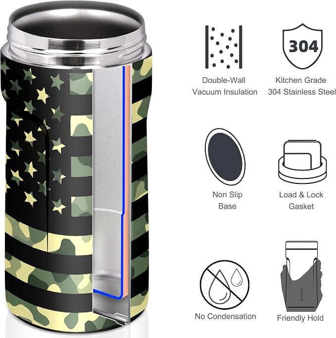 Universal Can Cooler - Signice 3 in 1 Insulated 12 oz Beer Can Insulator Stainless Steel Metal Holder for 12oz Slim Skinny Tall Standard Cans Bottle Hard Seltzer Soda Energy Drinks (Camouflage Flag)