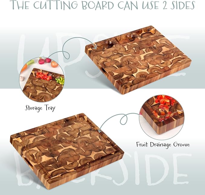 Acacia End Grain Cutting Board (17x13x1.5in), Butcher Block - Reversible Multipurpose Chopping Board with Juice Groove, Cracker Holder & Inner Handles