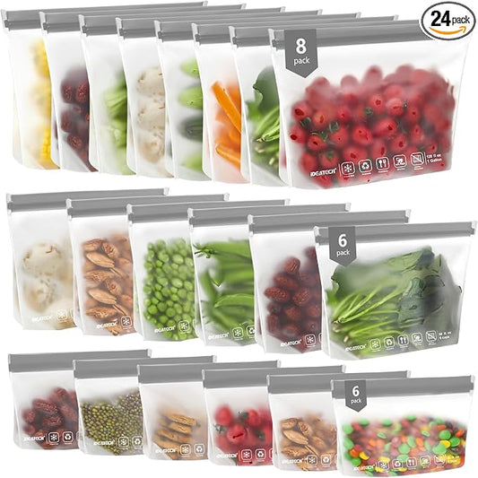 IDEATECH Food Storage Bags, BPA Free PEVA Reusable Gallon Freezer Bags, Reusable Sandwich Containers, Heallthy Food Bags Containers for Travel, Lunch(Grey, 24Pack-8Gallon+8Quart+8Snack)