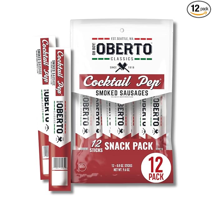 Oberto Classics Cocktail Pep Smoked Sausage, Oh Boy! Oberto Beef & Pork Sausage Meat Stick, Peperoni Style Protein Snacks, 0.8 Ounce (Pack of 12)