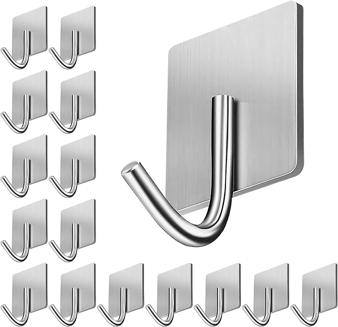 xdgeLoad Adhesive Hooks, 16 Pack Towel Hooks Wall Hooks for Hanging, Stick on Hooks, Adhesive Towel Hooks for Bathroom Door Hanger Kitchen Closet Cabinet Stainless Steel-Brushed Nickel