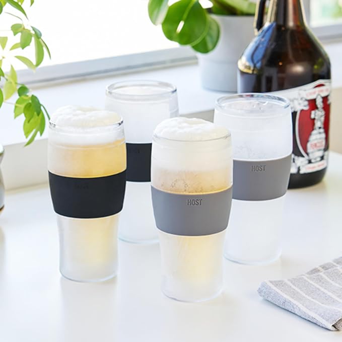 HOST Freeze Beer Glasses, 16 ounce Freezer Gel Chiller Double Wall Plastic Frozen Pint Glass, Set of 4, Black and Grey