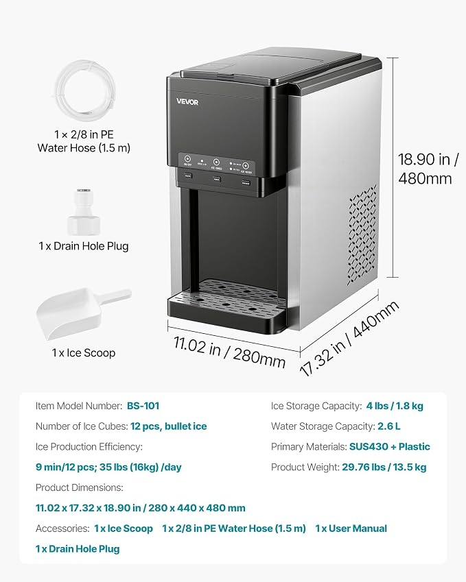 VEVOR Water Dispenser with Ice Maker, 3-in-1 Countertop Water Dispenser, 35 LBS/24H, 12 Cubes/7 Min Fast Ice Making with 4 LBS Storage, Bullet/Crushed ICES & Cold-Water, for Home, Kitchen, Party