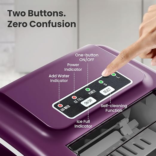Countertop Portable Ice Maker Machine with Handle, 8 Bullet-Shaped Ice Cubes Ready in 6 Mins, 26Lbs/24H, Self-Cleaning Function with Ice Scoop and Basket for Home/Kitchen/Party (Purple)