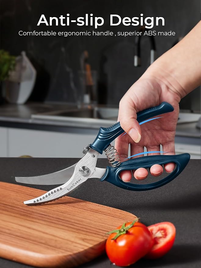 Poultry Shears, Heavy Duty Kitchen Shears With Anti-Slip Handle & Safety Lock, Poultry Scissors for Meat, Chicken, Bone,Turkey, Fish, Spring Loaded, Dishwasher Safe(Navy Blue)