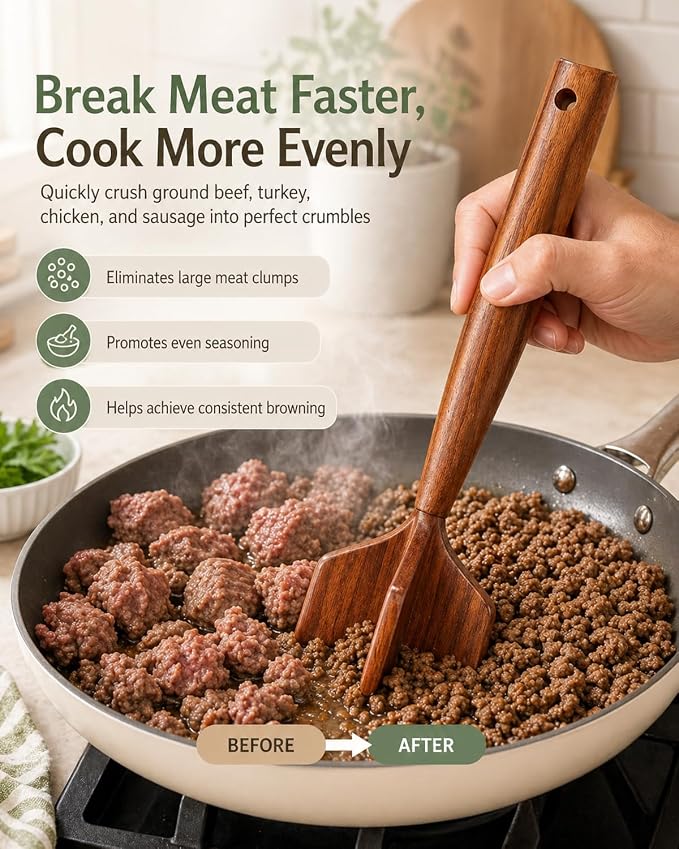 Meat Masher Ground Beef Chopper for Wooden Manual Tool Hamburger Wood Smasher Turkey Potato Chicken Grinder Teak Beed Tenderizer 2026 New Heavy Duty Kitchen Gadgets