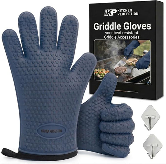 KITCHEN PERFECTION XL Silicone Griddle Gloves - Heat Resistant Oven Mitts | Waterproof, 5-Finger Design For A Better Grip, Best Griddle Grilling Accessories, Compatible with Blackstone, Weber & More