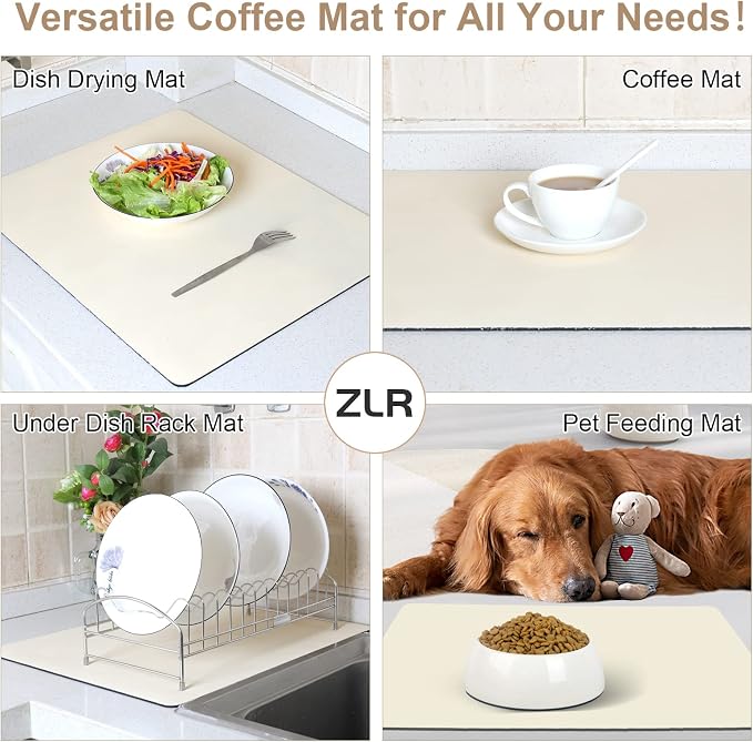 ZLR Coffee Bar Mat for Espresso Machine, 12"x20" Medium, Creamy | Absorbent Dish Drying Mat, Stain-Hiding PU Top, Non-Slip Back, Fits Grinder, Knock Box, Tamper & Milk Frother