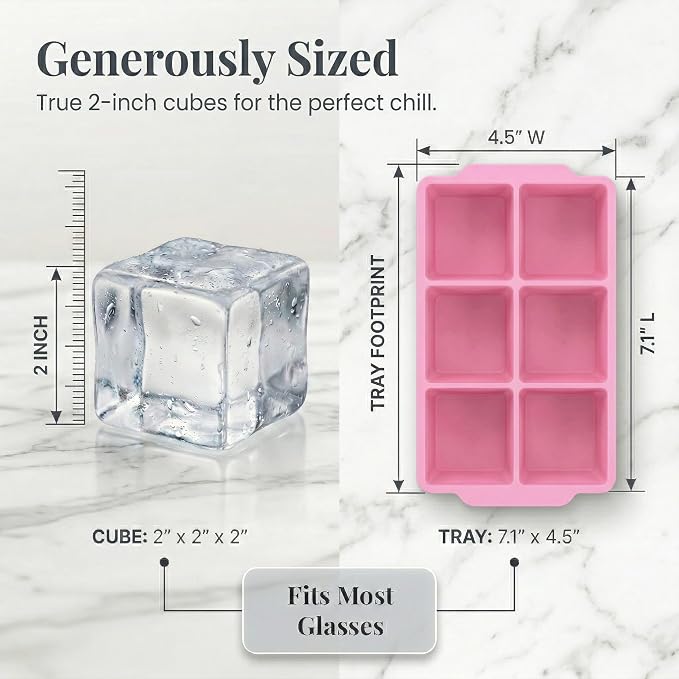 KitchFort® Large Silicone Ice Cube Tray (2-Pack), Easy Release 2" Big Ice Cubes - Cocktail, Whiskey Ice Cubes Mold - Ice Trays for Freezer with Lid - Stackable Silicone Ice Tray - Pink