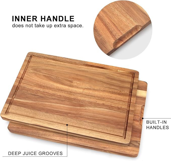 Solid Acacia Wood Cutting Board Set of 3 Wooden Charcuterie Boards Set | Hardwood Meat Chopping Board Butcher Blocks Safe Non Toxic Large Cutting Boards for Kitchen Decor Bread Serving Cheese Board