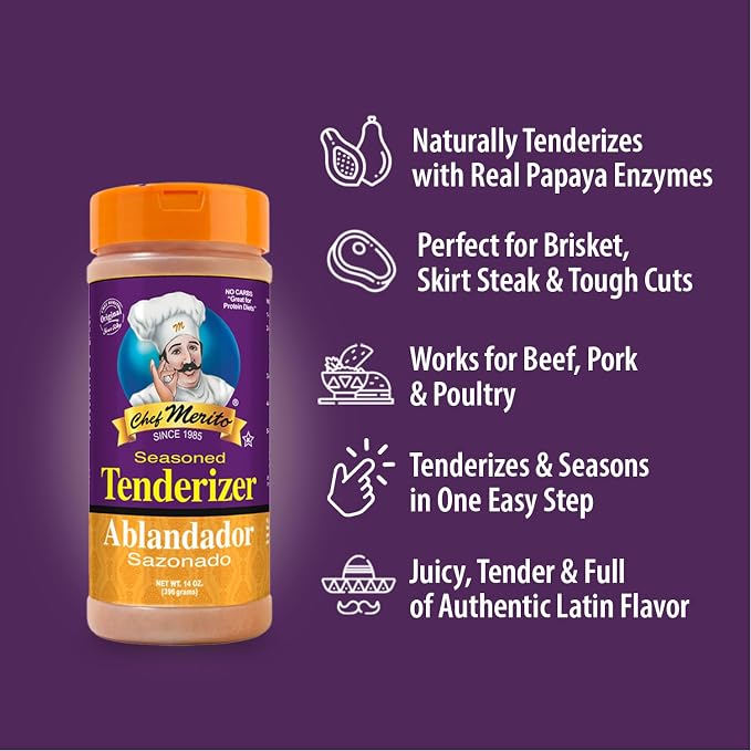 Chef Merito Seasoned Meat Tenderizer, Beef, Pork & Poultry, 14 oz Jar | Tenderizes and seasons in one step, for steaks, chops, roasts & ribs, authentic Latin flavor