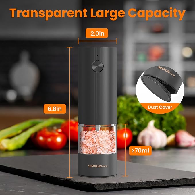 SIMPLETASTE Electric Salt and Pepper Grinder Set with LED Light, Automatic Pepper Mill Shakers with Adjustable Coarseness, One Hand Operation for Kitchen, Dining, Gifting, Black, Rechargeable
