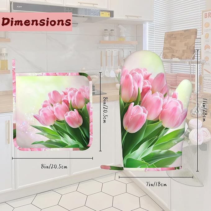 Pink Tulips Romantic Silicone Oven Mitts and Pot Holders,Heat-Resistant 4 Piece Kitchen Set Non-Slip Oven Gloves and Hot Pads for Cooking, Baking, Grilling,BBQ