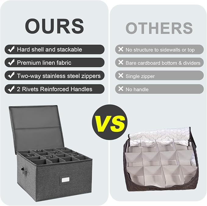 popoly Stemware Storage Cases, Wine Glass Storage Box Containers with Dividers for Glassware or Crystal, Holds 16 Red or White Wine Glasses, Hard Top and Stackable (Grey) | Glassware Storage Containers for Glassware or Crystal, Holds 16 Red or White Wi...