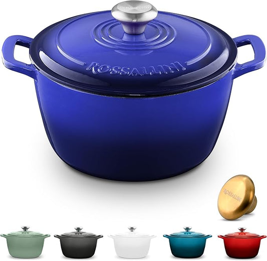 Signature Enameled Cast Iron Dutch Oven, Non-Stick Serving Pot with Tight Fitting Lid for Perfect Roasting, Baking, Sauteing, and Bread Making | 7.4Q (7L) - Indigo Blue