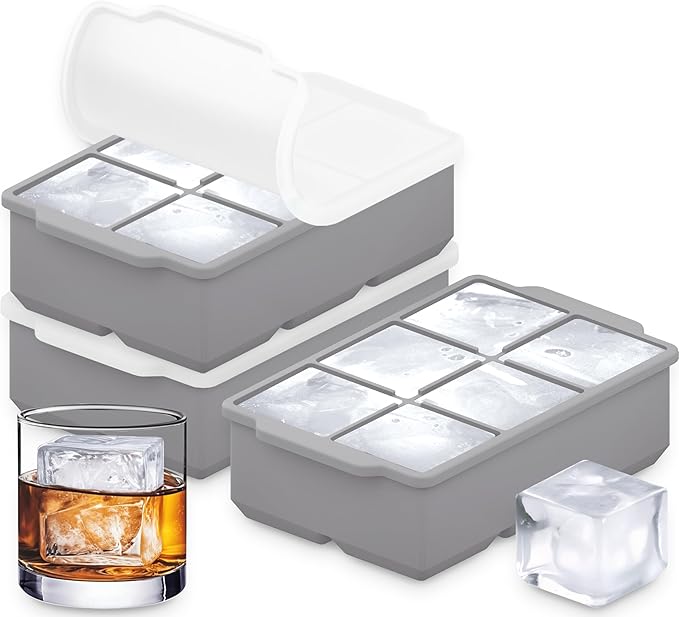 KitchFort® Large Silicone Ice Cube Tray (3-Pack), Easy Release 2" Big Ice Cubes - Cocktail, Whiskey Ice Cubes Mold - Ice Trays for Freezer with Lid - Stackable Silicone Ice Tray - Gray