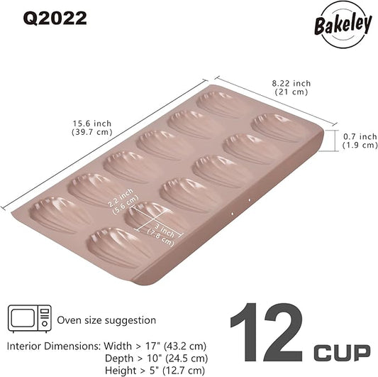 Madeleine Pan, 12-Cavity Mold Cake Pan Non-Stick Oval Shell Madeline Bakeware for Oven Baking (Rose Gold)