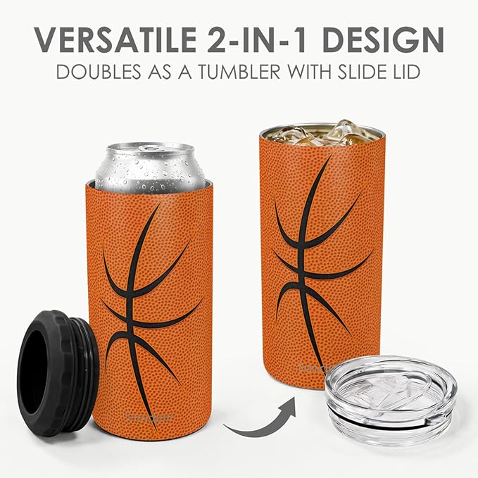 Basketball Can Cooler 12oz - Travel Mug Cups - Stainless Steel Insulated for Men Women Players - Tumbler Cans Koozie, Sport Gift for Fan Coach Lovers