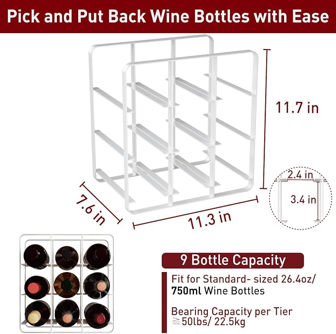 Buruis 9-Bottle Wine Rack, Modern Metal Countertop Wine Holder Stand for Kitchen, Pantry & Cabinet Storage, No Assembly Required, White