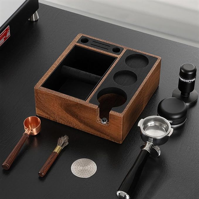 Walnut Espresso Knock Box and Tamping Station, Coffee Organizer Box Fit for 58mm Espresso Tamper Distributor Portafilter Holder & Puck Screen Multi Accessory Storage