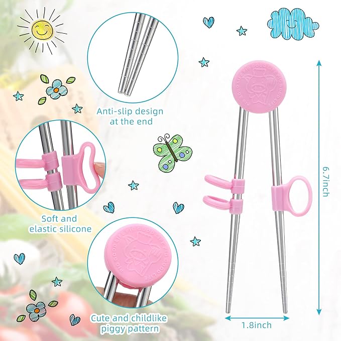Patelai 2 Pairs Training Chopsticks for Kids, Children Learning Stainless Steel Reusable Metal Chopsticks Helper(Blue, Pink)