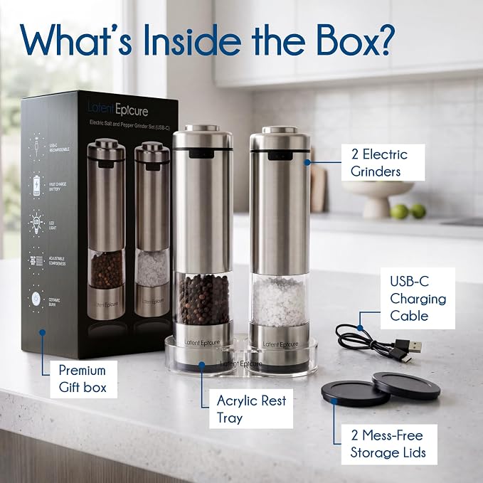 Latent Epicure Electric Salt and Pepper Grinder Set, USB-C Rechargeable | Stainless steel mills with LED light, Adjustable ceramic grinders, One-handed use, Rest tray & gift box included